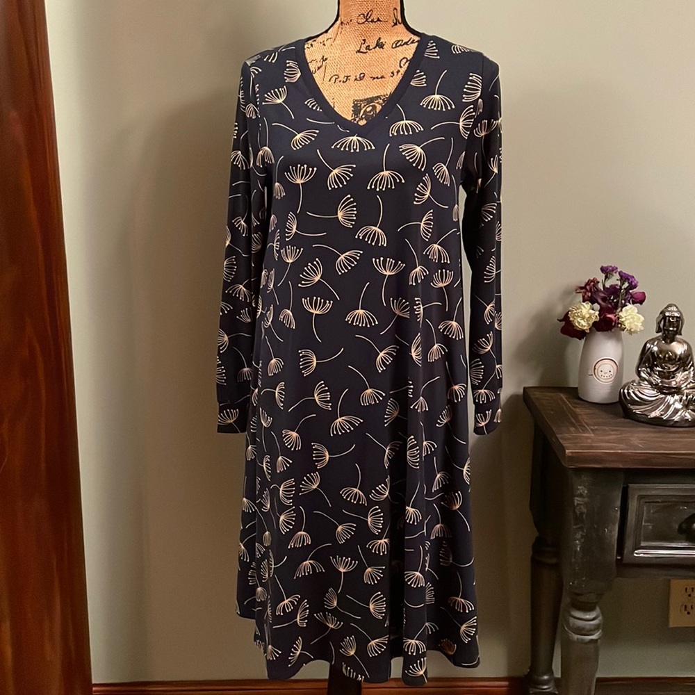 LulaRoe navy blue dress with tan flowers, size small.